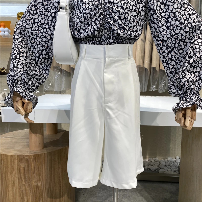 

Square Collar Bell Sleeve Fold Floral Women Blouse Solid Color High Waist Half Suit Pants Lady Two Piece Pants Set