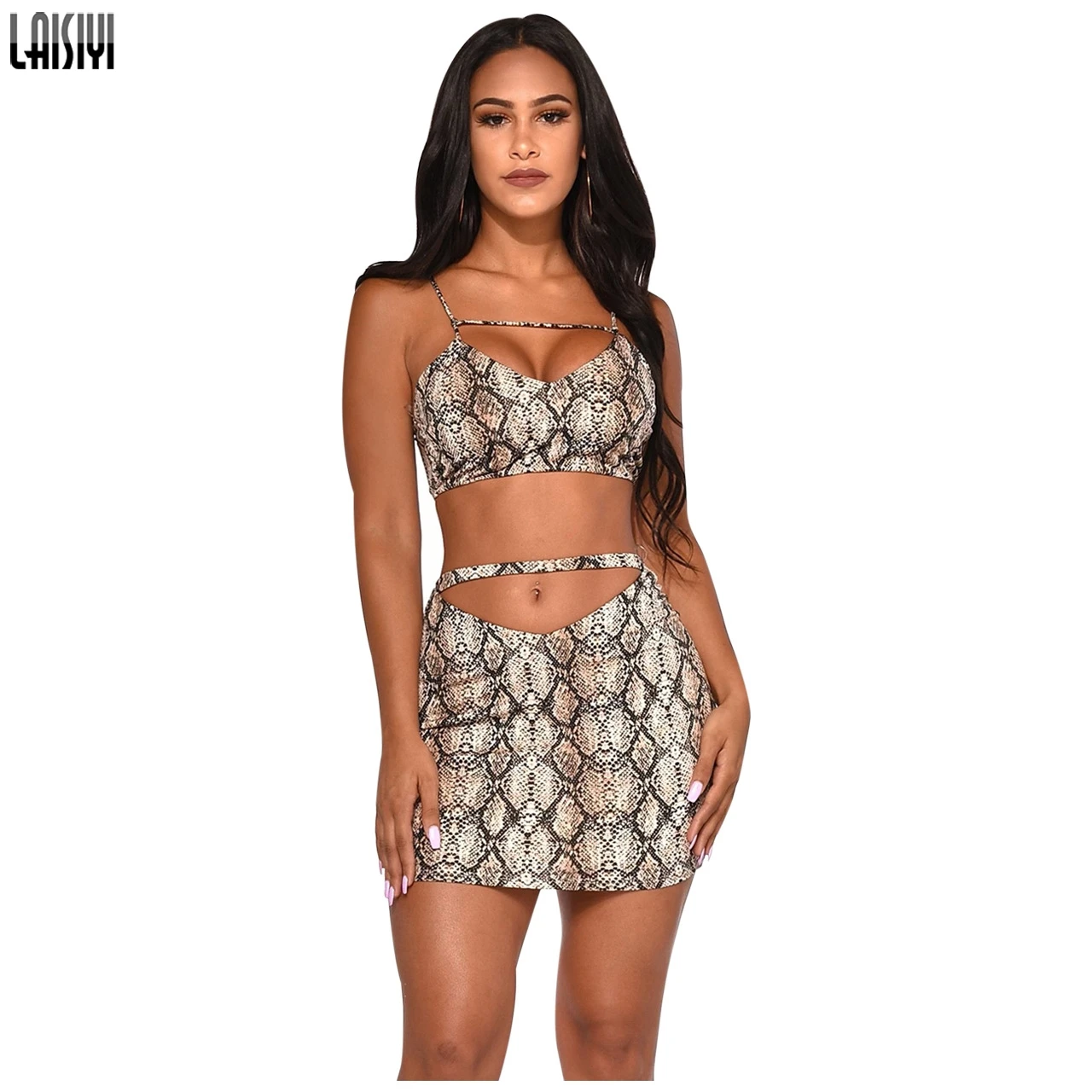 Brown04 LAISIYI Мода Змея 2 комплект из двух предметов для женщин осень зима одно плечо укороченный топ Высокая талия юбка Сексуальная Клубная одежда костюмы с принтом - Цвет: Brown04