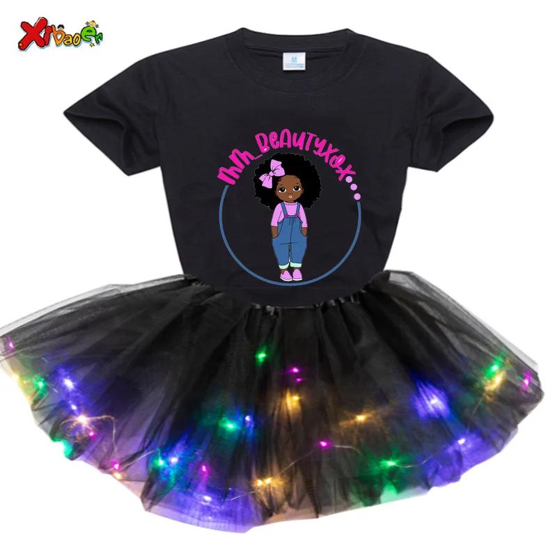 Kids Dresses Girls Short-sleeved T-shirt + Luminous Dress 2 Pc Sets Dots Soft Cotton Children Clothing Bowknot Girls Casual Wear