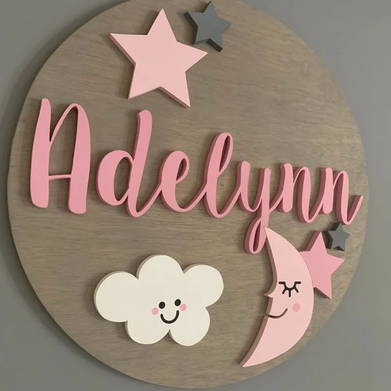 Круглый 3d знак имени для детской комнаты с Луной и звездами деревянный именной на