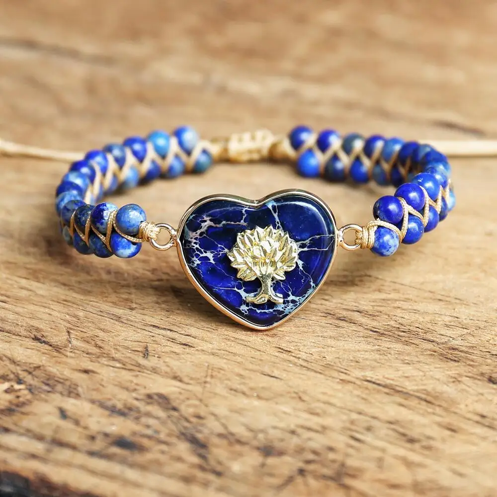 

4mm Lapis Lazuli Tree of Life Heart Charm Bracelets Women Men Bohemia Yoga String Braided Lover Wrap Bracelet Handmade Jewelry