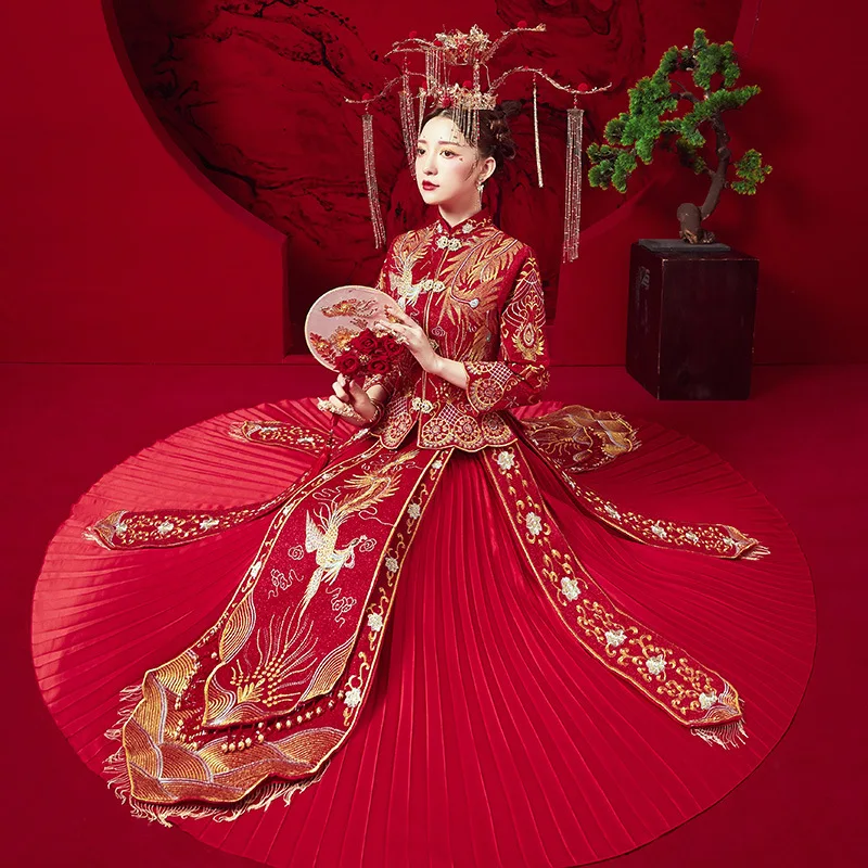 

FZSLCYIYI Large Size 4XL Ancient Women Wedding Dress Embroidery Phoenix Chinese Bride Marriage Cheongsam Suit Classic Long Qipao