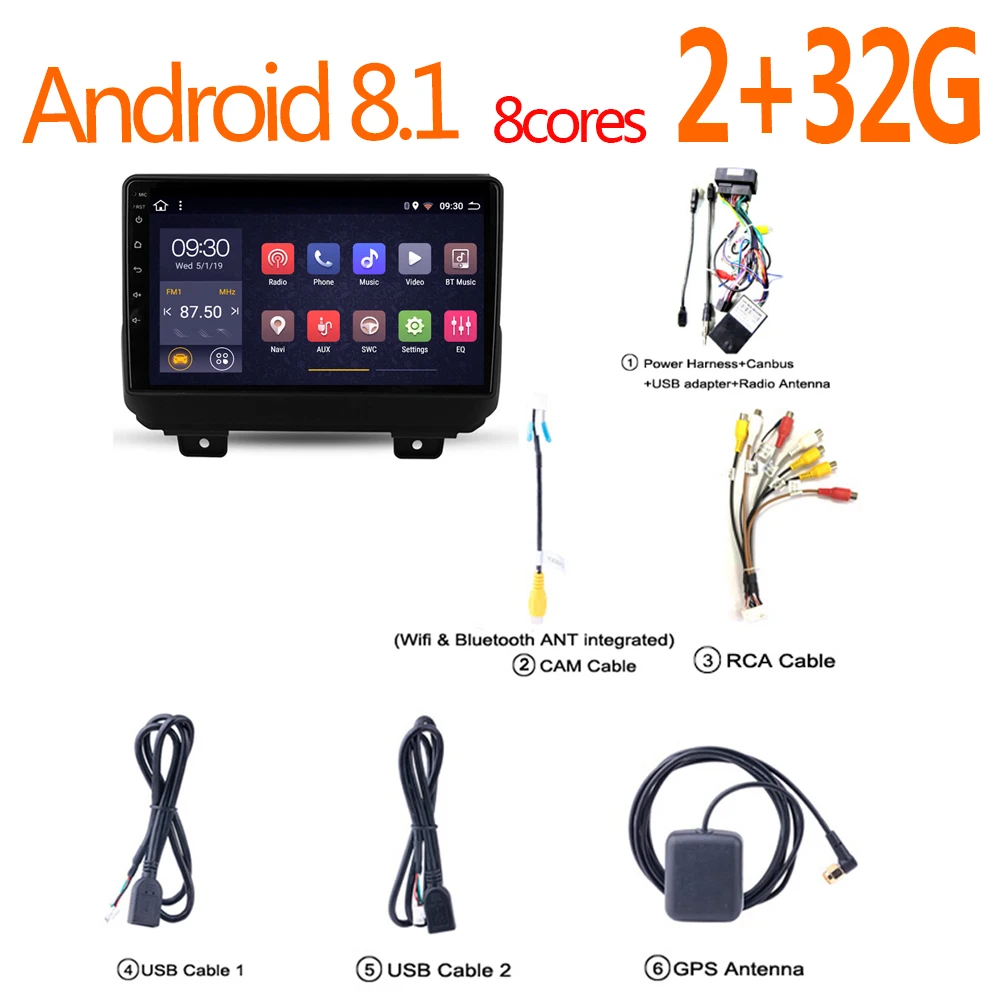 Авторадио android auto 2 32G для Jeep Wrangler 4 JL 2018 2019 автомобильное радио coche audio 1 din mini cooper