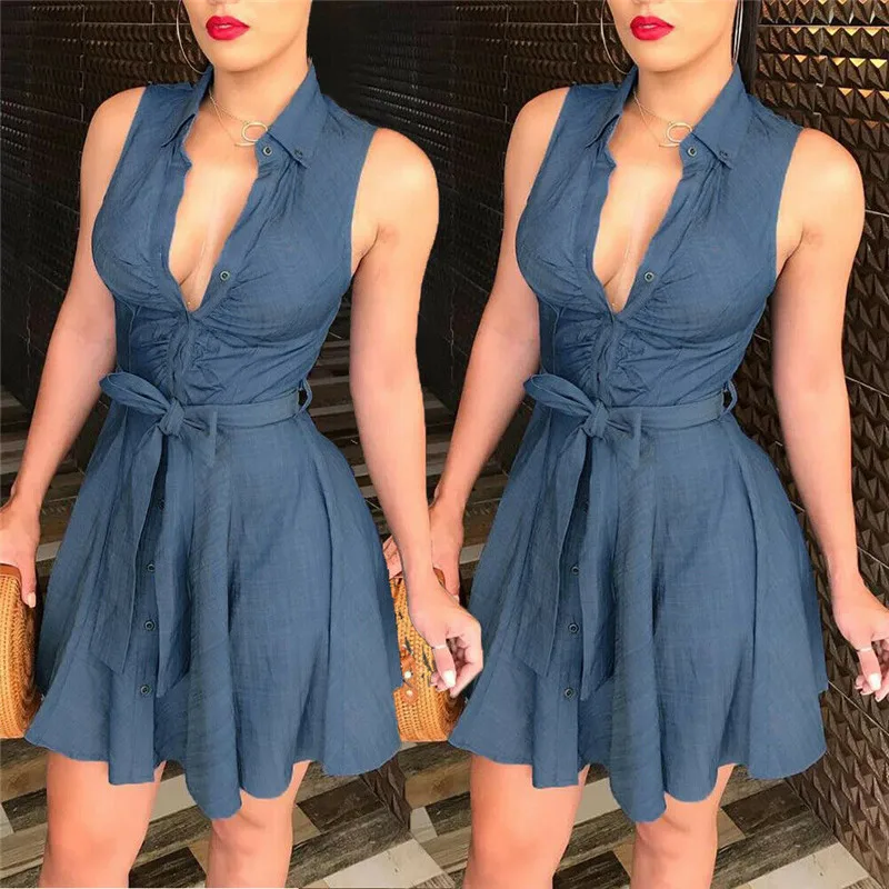 

Sexy Clubwear 2020 Women Fashion v-neck dresses summer Casual sleeveless button mini dress Demin Dress