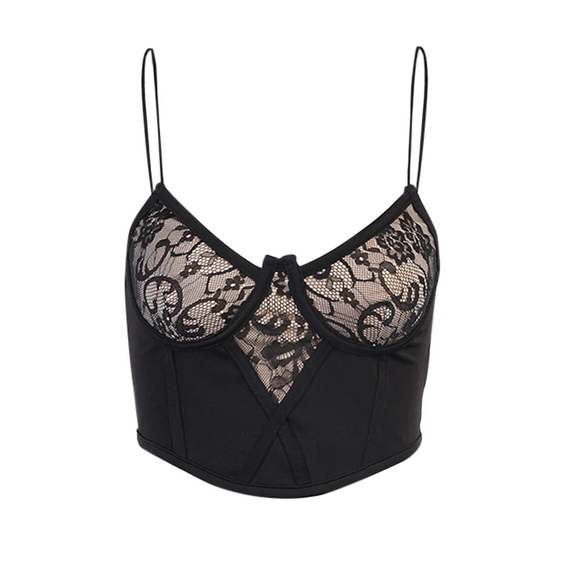 

InstaHot Sexy Lace Camis Club Streetwear Crop Top Summer 2021 Fashion Black Elegant Vintage Camisole Backless Patchwork Vest