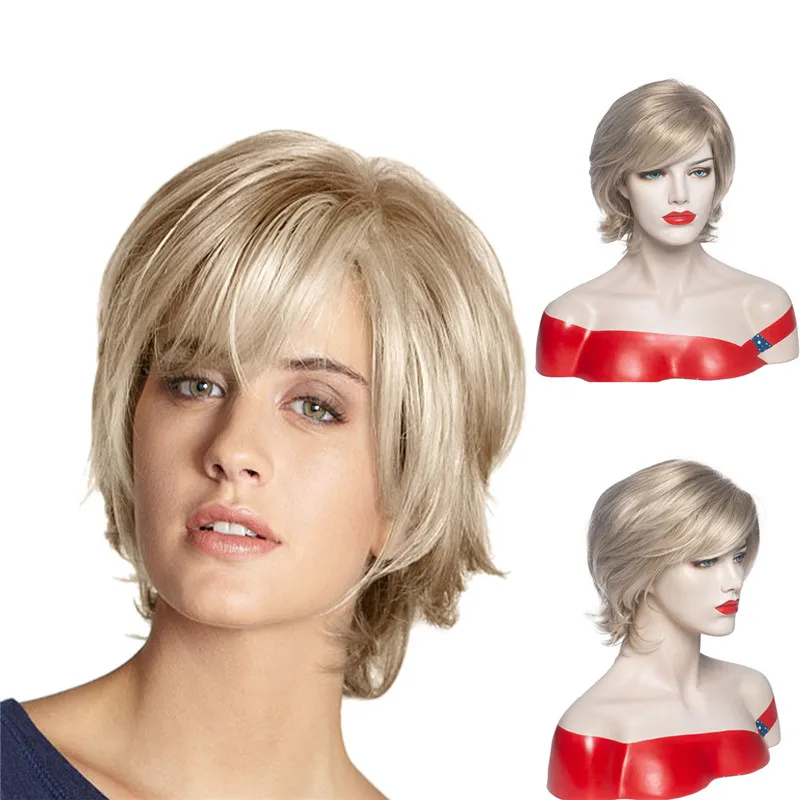 

Lady Short Blonde Nature Wavy Wig Synthetic Wig With Bang For Women Daily Party Use Heat Resistant Fiber Nature Looking Wig