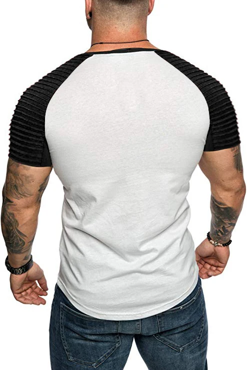 

2020 new short-sleeved solid color men's t-shirt pleated shoulder jacquard stripes Slim T-shirt men's casual sports wild T-shirt