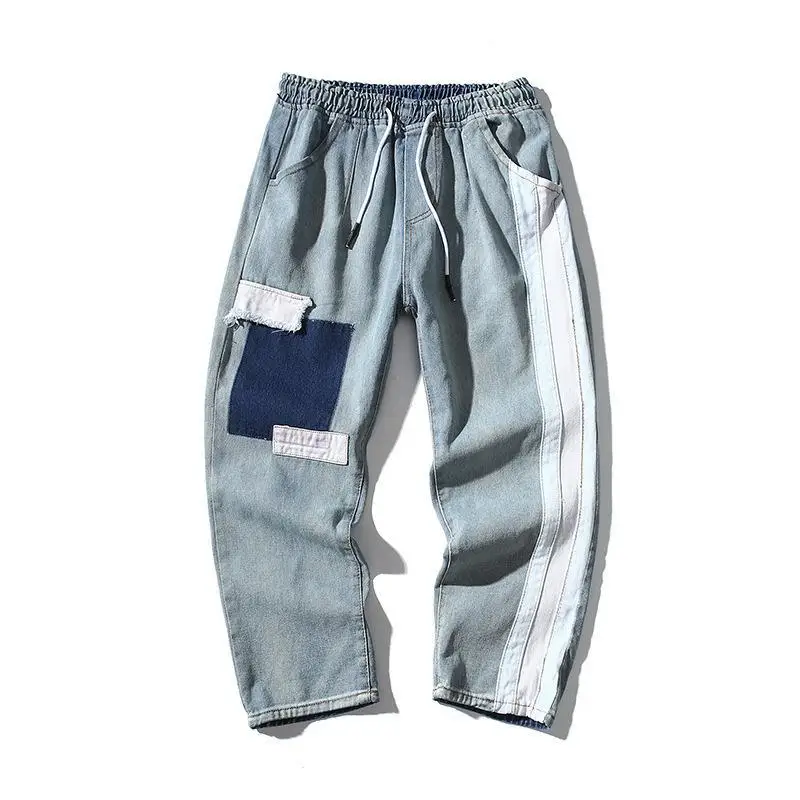 

Korean Elastic Belt Rope Hip Hop Loose Jeans Men's And Women's Trend Casual Patch Splicing Straight Tube Daddy Pants Plus Size
