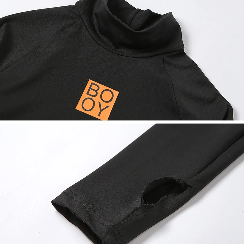

BOOFEENAA Letter Print Black Tuetleneck Long Sleeve High Cut Bodysuit Women Sexy Winter Tops Streetwear C83-BC17