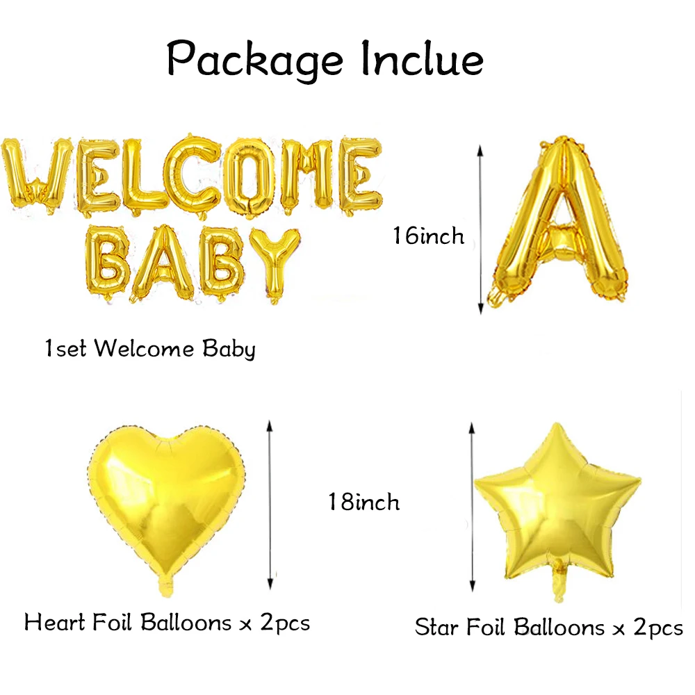 1set 16inch welcome baby letter balloons banner bunting with 18inch star heart balloons baby shower birthday party decorations free global shipping