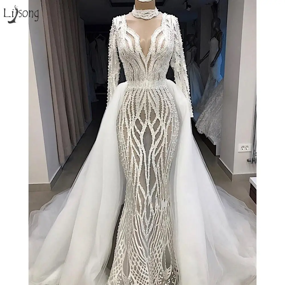 

Real Image Illusion Lace Pearls Mermaid Wedding Dresses With Detachable Train Full Sleeves Bridal Gowns Vestidos De Novia 2019