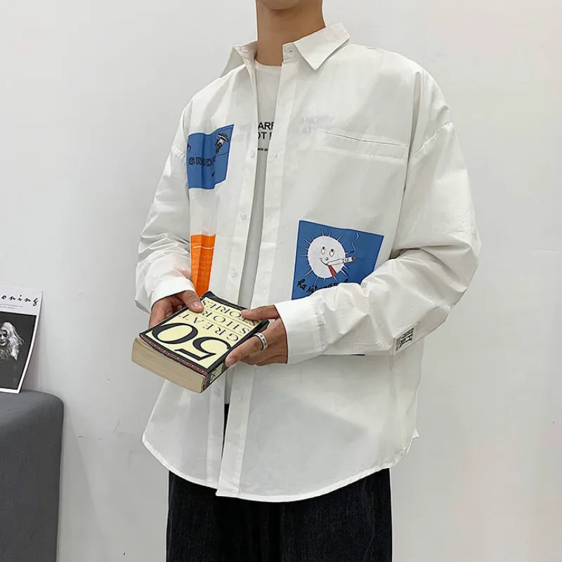 

Men Shirts Printed Pattern Long-sleeve Loose Casual New Fashion Male Shirt Stylish Street-wear Korean-style Harajuku All-match