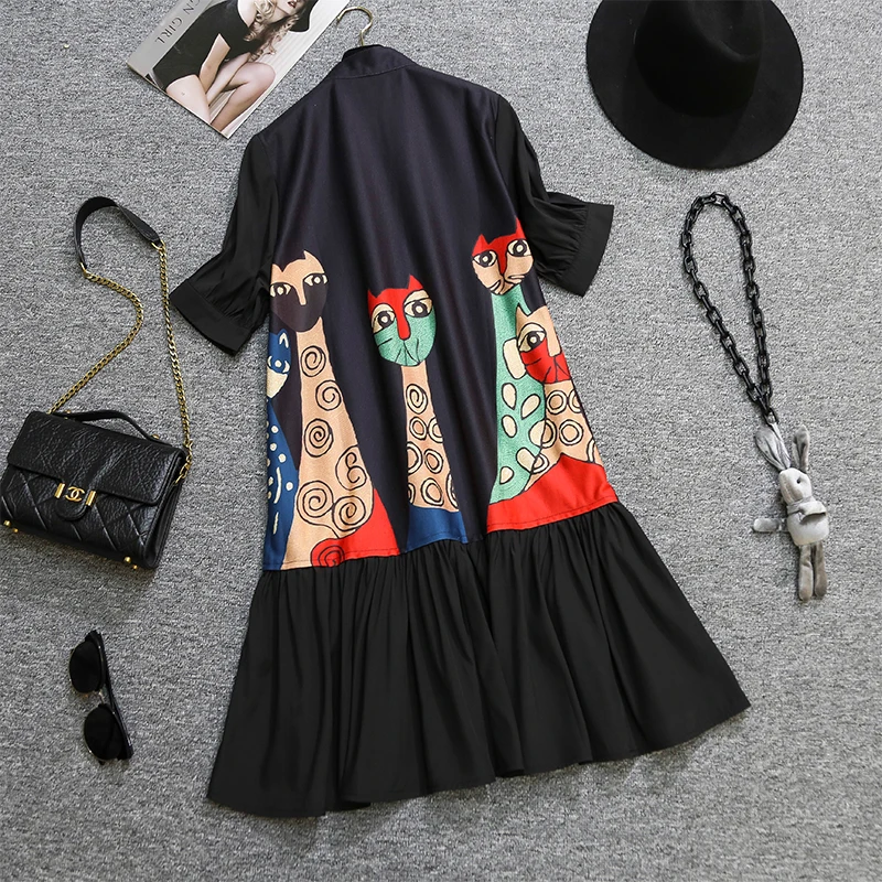 Женское платье рубашка в офисном стиле с мультяшным принтом животного свободная