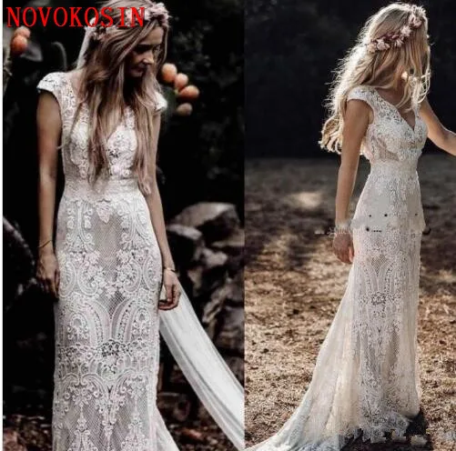 

Vintage Bohemian Wedding Dresses with Sleeves 2019 Hppie Crochet Cotton Lace Boho Country mermaid Bridal Wedding Gown