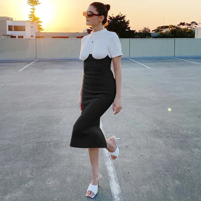

HEYounGIRL Patchwork Bodycon Wrap Midi Dress Women Summer Elegant Casual Short Sleeve Dresses Ladies Hold Chest Chic Streetwear
