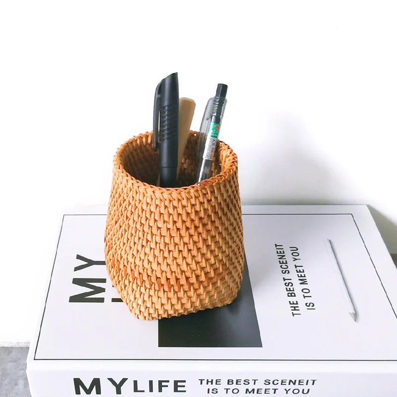 

Natural Rattan Wicker Basket for Spoon Table Orgnaizer for Pen Round Storage Tray Wicker Hand Woven Baskets for Flower Display
