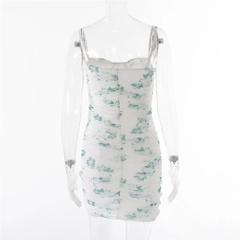 

Satin Women Strap Mini Dress Ruched Bandage Sleeveless Backless Bodycon Sexy Party Elegant 2021 Club Slim Floral Print Trend