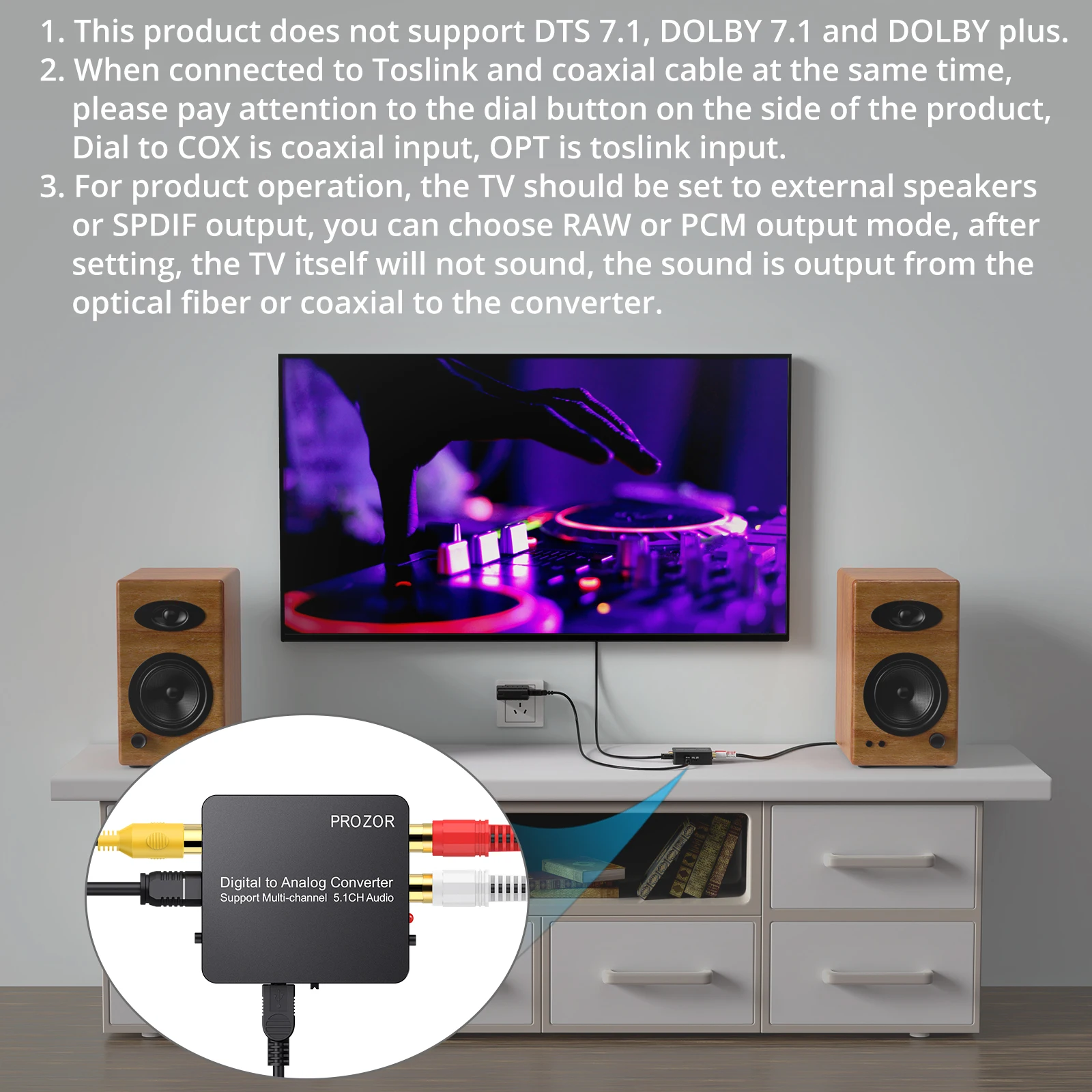 Prozor цифро-аналоговый преобразователь Оптический SPDIF Toslink коаксиальный 5.1CH до 2CH