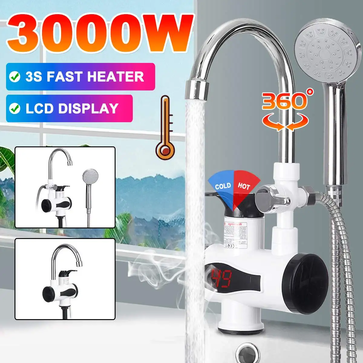 Water Heater Shower 220V Kitchen Faucet EU US Plug Electric Water Heater 3000W Digital Display 304 Stainless Steel Kitchen Toile