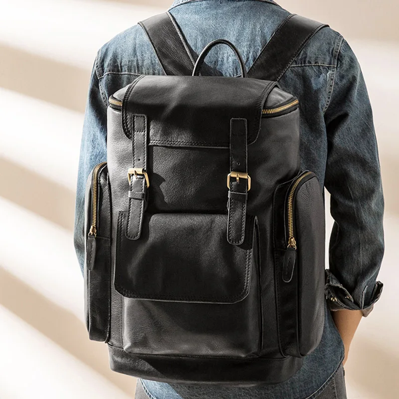 

Trendy leather backpack, men's fashion casual backpack, first layer leather large-capacity travel bag
