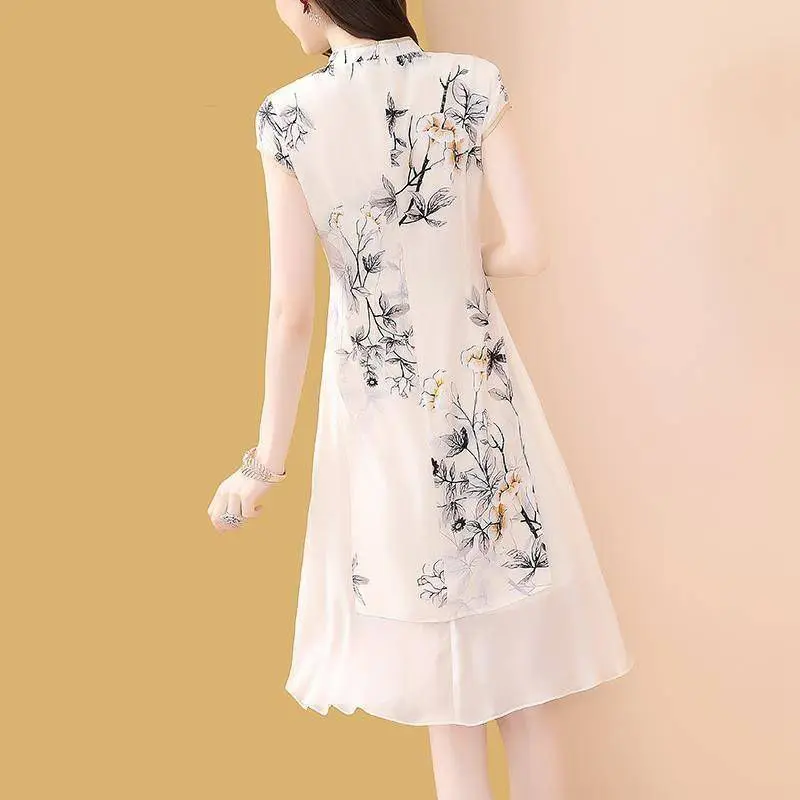 

Printing improved qipao dress women's summer new button easy word covered A meat chiffon dress