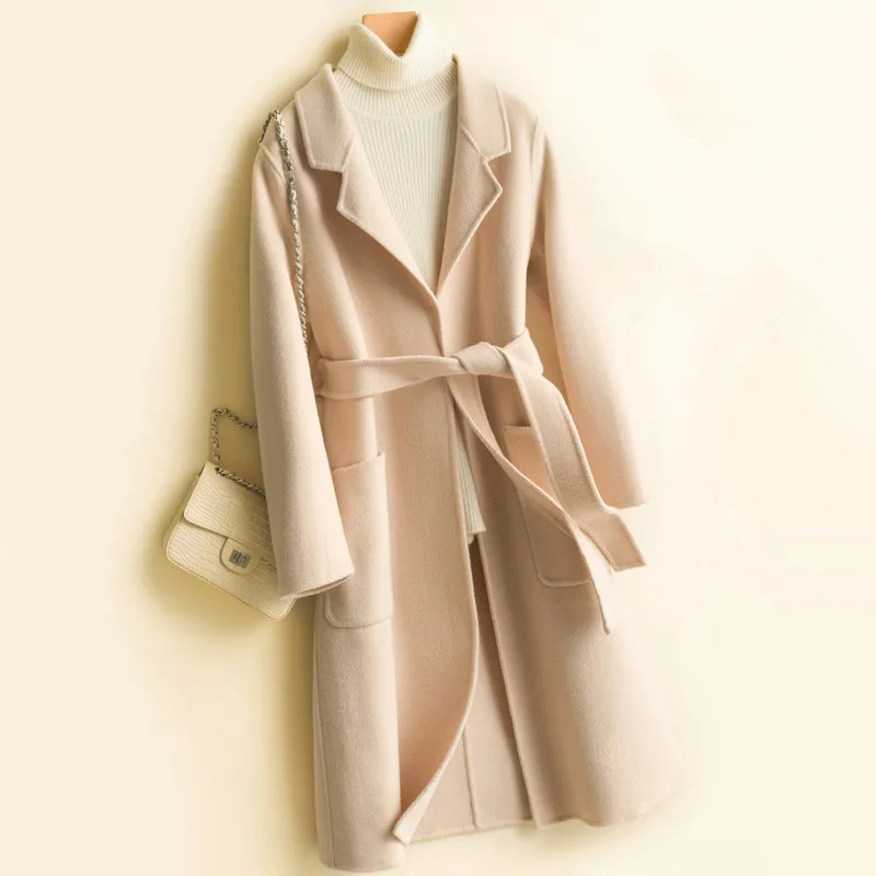 Женская двусторонняя кашемировая куртка приталенный длинный кардиган большого