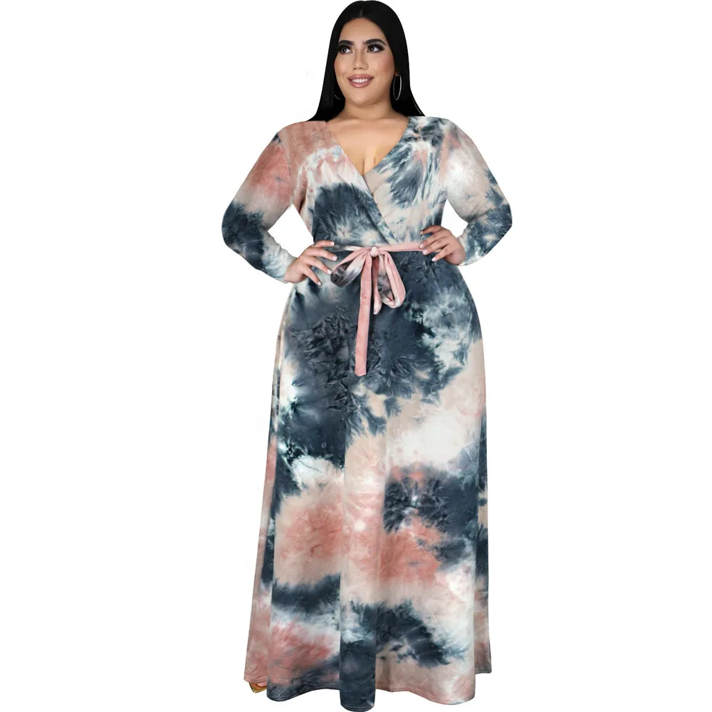 

Plus Size Tie Dye Print Floor Length Dress Women Deep V Neck Full Sleeve Fit and Flare Dress Spring High Waist Holiday Dresses
