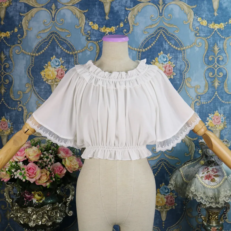 

Women Spring Chiffon Lolita Blouse Flare Sleeves Layered Neck Ruched Hem Black Shirt Ladies Solid Crop Tops