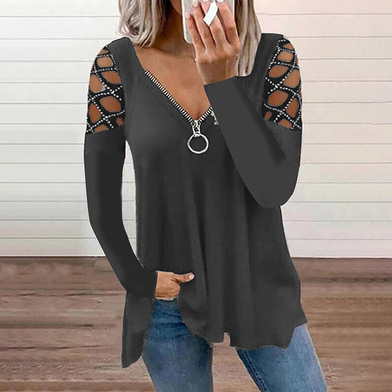 

2021 Spring and Autumn New Fashion V-neck Solid Color Hollow Sleeves Hot Rhinestone V-neck Decorative Zipper Casual Top Women