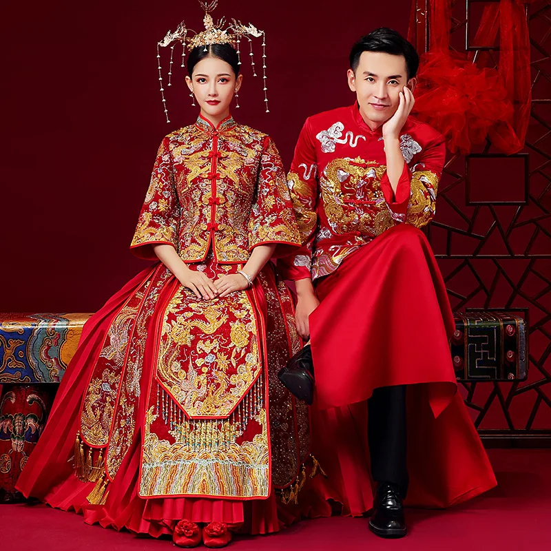 Китайское традиционное свадебное платье Cheongsam дракон феникс одежда Qipao вышивка красный атлас топы для женщин Золотая Парча Платье