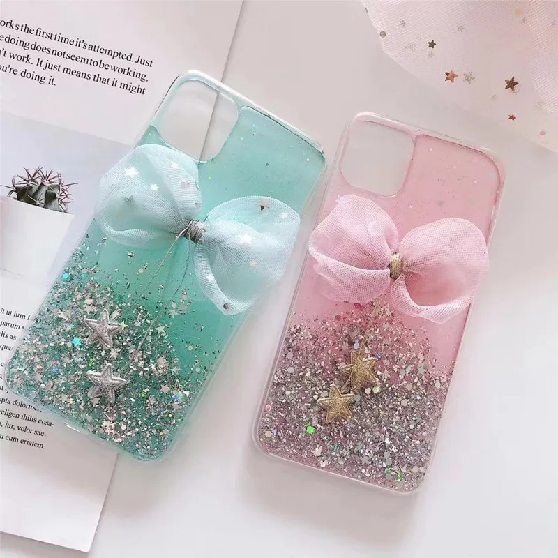 Cute Bow Glitter Star Pendant Bling Shiny Case For iPhone SE 2020 11 Pro Max X XR XS 6S 7 8 Plus 12 Women Fashion Silicone | Мобильные