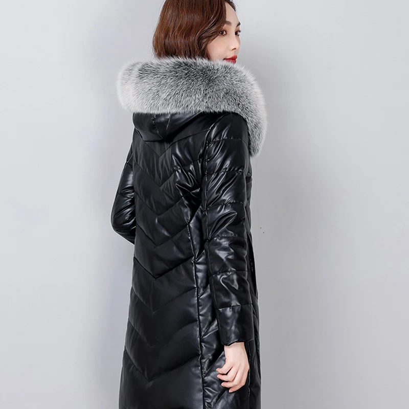 Женский пуховик из натуральной кожи с воротником лисьего меха | Женская одежда