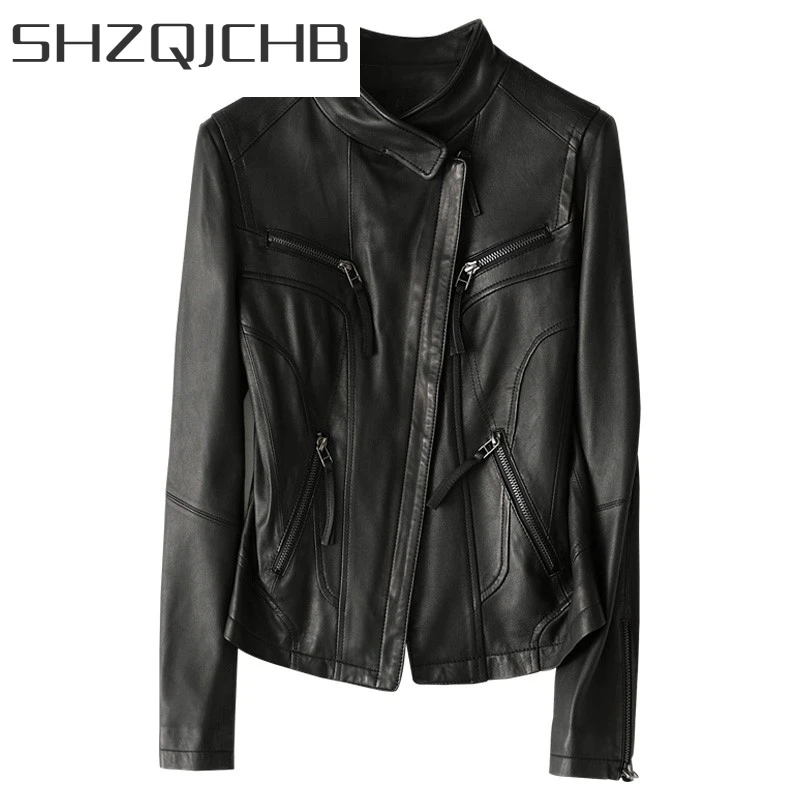 

JCHB 2021 Luxury Women 100% Sheepskin Natural Leather Jacket Slim FIt Short Bikers Windproof Coat Casual Punk Genuine Leather Ja
