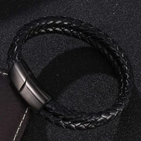 men black jewelry braided leather bracelet cuff stainless steel magnetic clasp bangle fashion gift bb0507