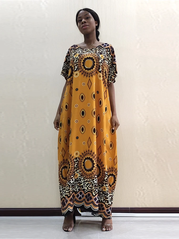 

2019 African Traditional Dashiki Clothing Women Chiffon short-sleeved Yellow Long Dresses with Scarf Party dresses