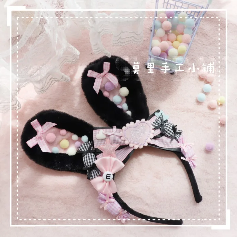 

Lolita Headband Black Plush Rabbit Ears Sweet Bowknot Candy KC Japanese Style Headwear Cute Headdress Hair Ornaments Gift