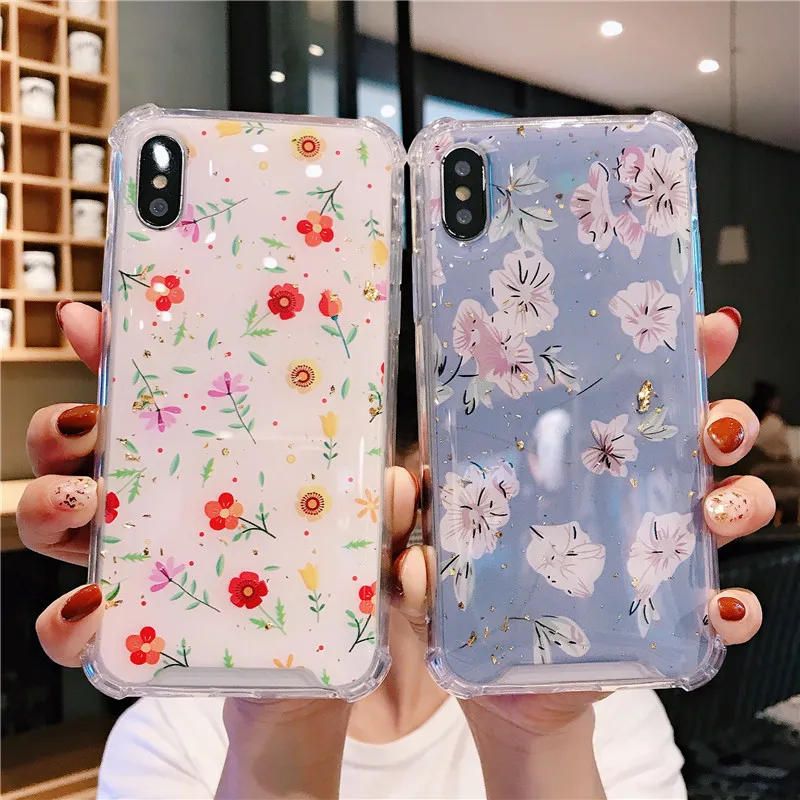 Four Corner Anti-fall Case for iPhone 6s 7 8 Plus 11 Pro Max XS XR X Drop Glue Flowe Hard Back Cover Clear Soft TPU Bumper Shell |
