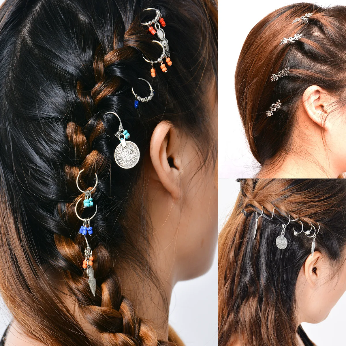 

Vintage 7/8 Pcs/set Retro Coin Colorful Beads Pendant Charms Rings Set Hair Clips Headband Accessories for Pierced Braid