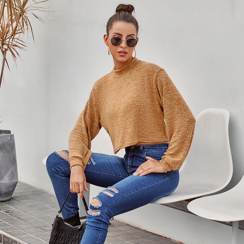 

JYSS fall 2020 women thin sweater autumn brown short casual pullovers o neck female sweaters 60119