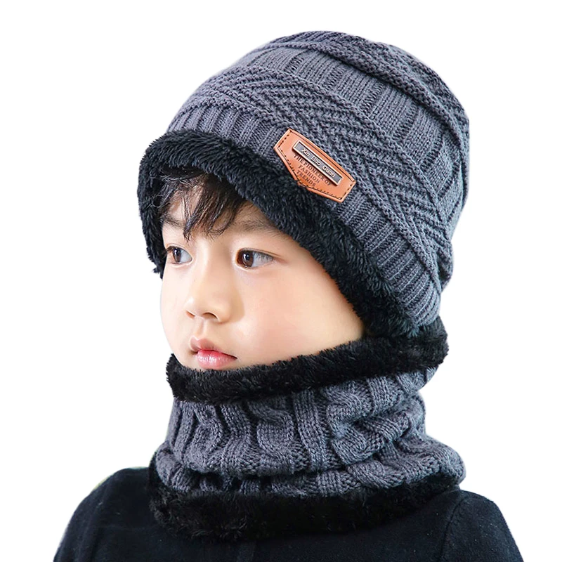

Children Knitted Hat Winter Warm Baby Kids Cap Skullies Beanies Circle Scarf Thicken Fleece Lining For 2-12 Years Boys Girls