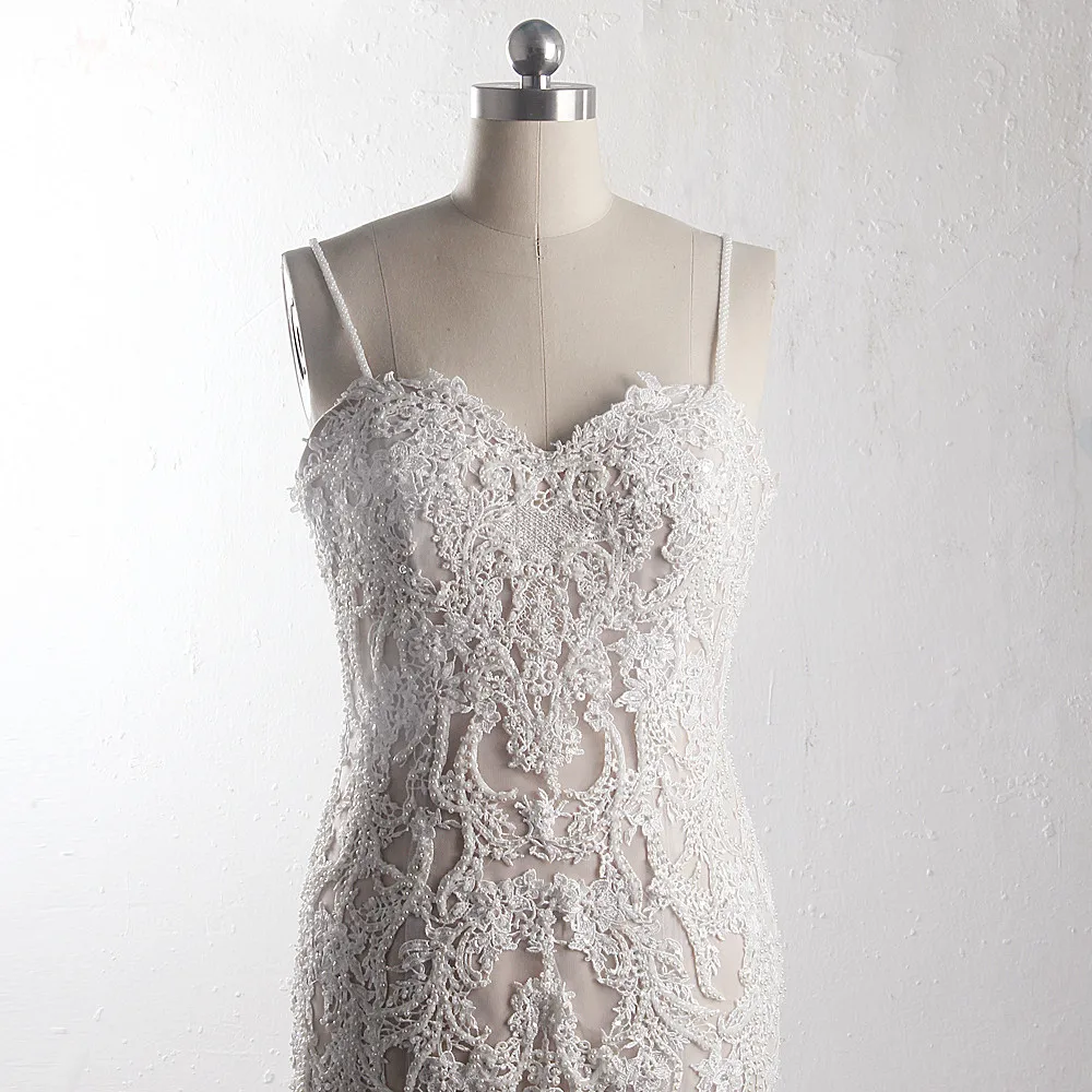 LZ376 Luxury Bling Bead Pearls Wedding Dress Spaghetti Straps Sweetheart Neck Sleeveless Mermaid Sequin Lace Beach | Свадьбы и