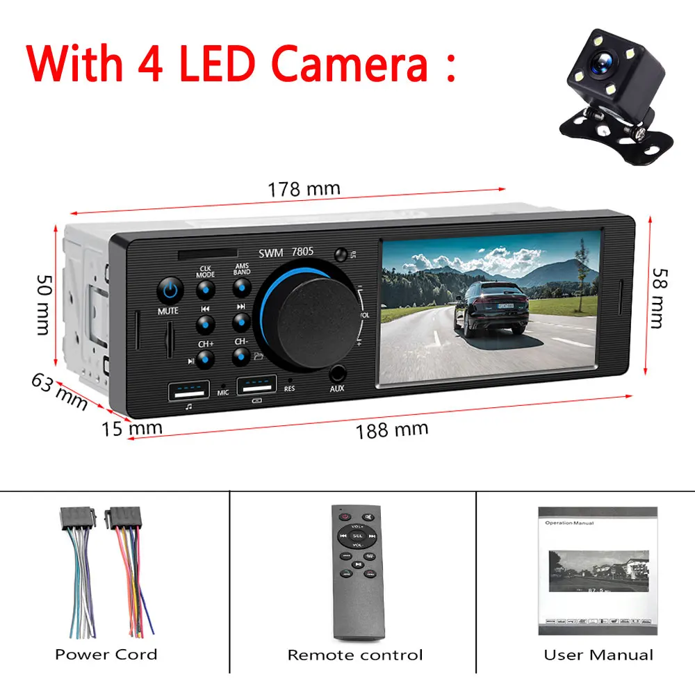 With 4LED Camera LeeKooLuu 1Din авто радио " на тонкопленочных транзисторах на тонкоплёночных транзисторах Сенсорный экран автомобильное аудио Bluetooth AUX USB TF Поддержка сзади Камера MP3 MP5 центральных автомобильных мультимедиа - Цвет: With 4LED Camera