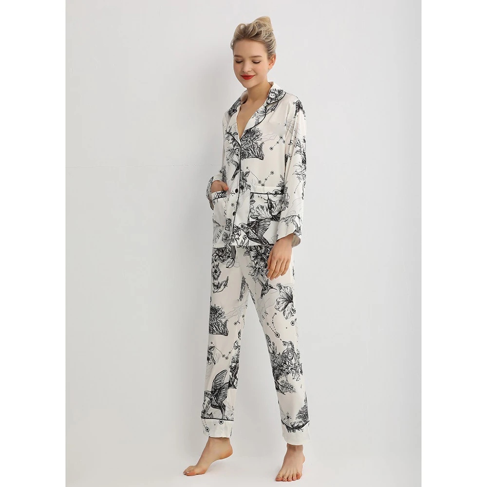 Maison Gabrielle 2021 Spring Summer Printed Silk Satin Pajamas Set Sleepwear Loungewear for Women Pyjama Femme 2 Pieces Long