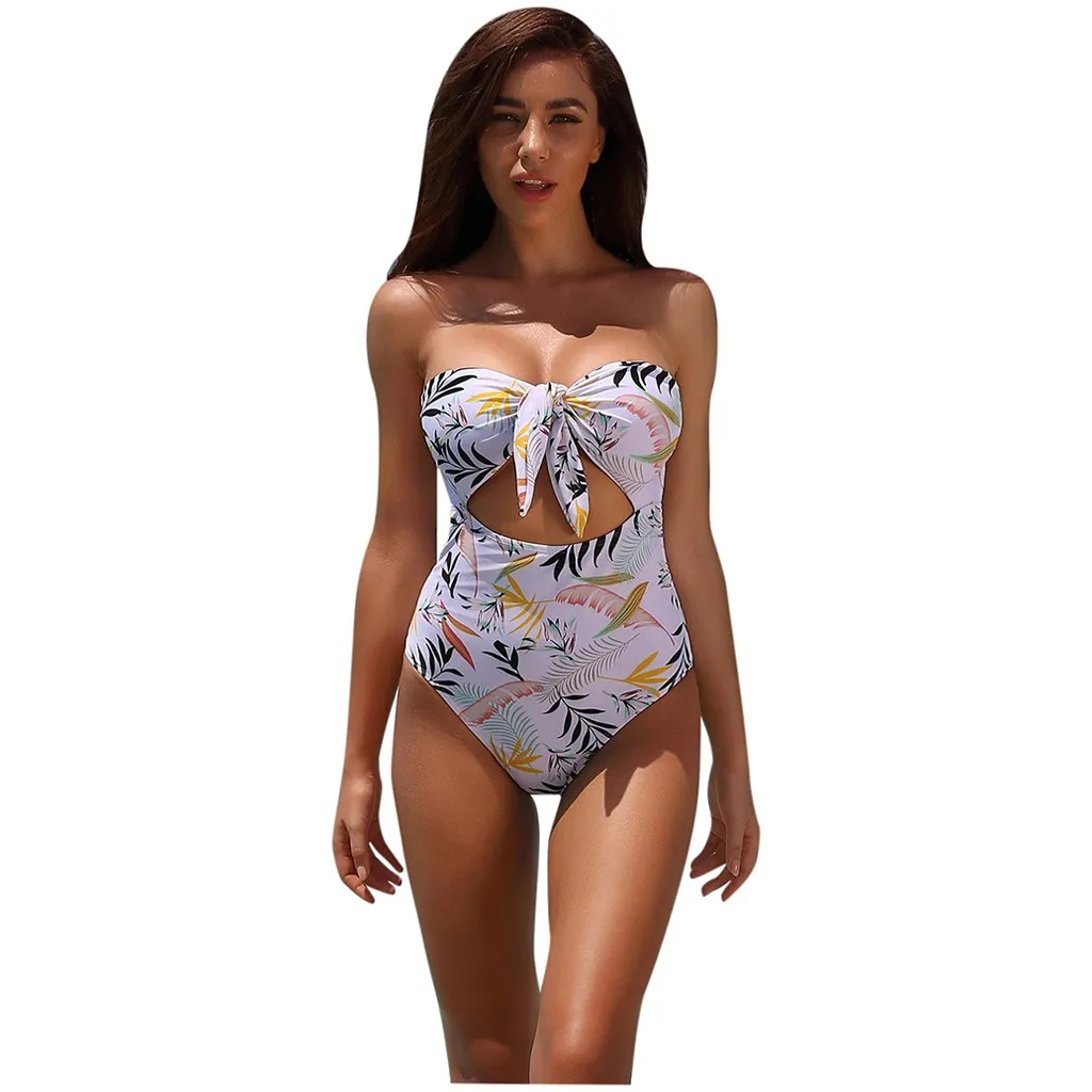 Женский купальник бикини CHAMSGEND Цельный с бантиком без бретелек подкладкой пуш ап