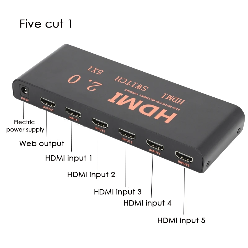 

5 in 1 Out 2.0 Switcher 4K60HZ HD Switcher Support Blu-Ray Input/3D Output/HDCP2.2/HDR Dynamic