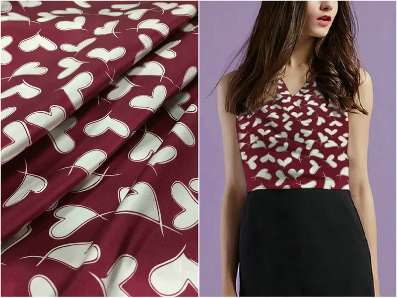 

108 см в ширину, 19 мм, 97% шелк и 3% спандекс, с принтом love, стрейчевая шелковая атласная ткань для платья, рубашки, одежда, чонсам, бордовый, темно-...