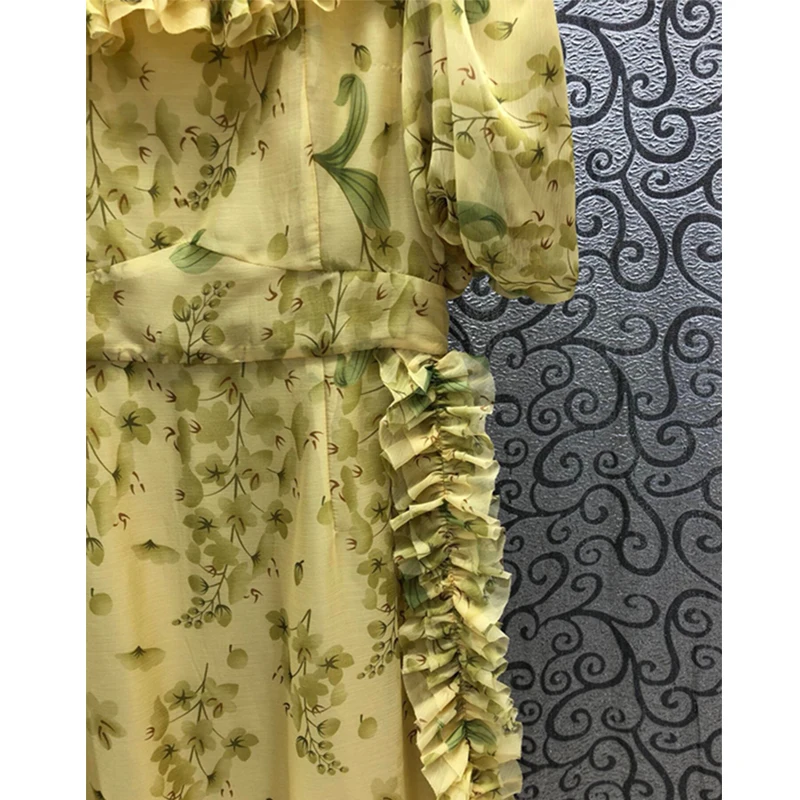 

SEQINYY Yellow Chiffon Dress Midi Summer Spring New Fashion Design Women Runway Flowers Print Ruffles Casual High Quality
