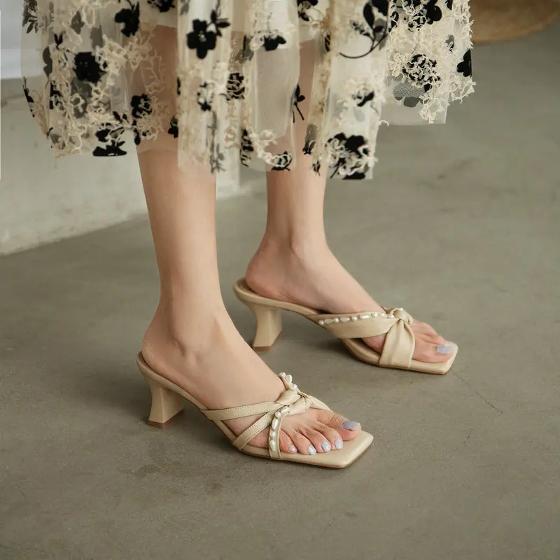 

2021 Pearl Square Toe Women Slipper Basic High Heel Shoes Women Sandals Solid Color Concise Women Shoes New Party Shoes