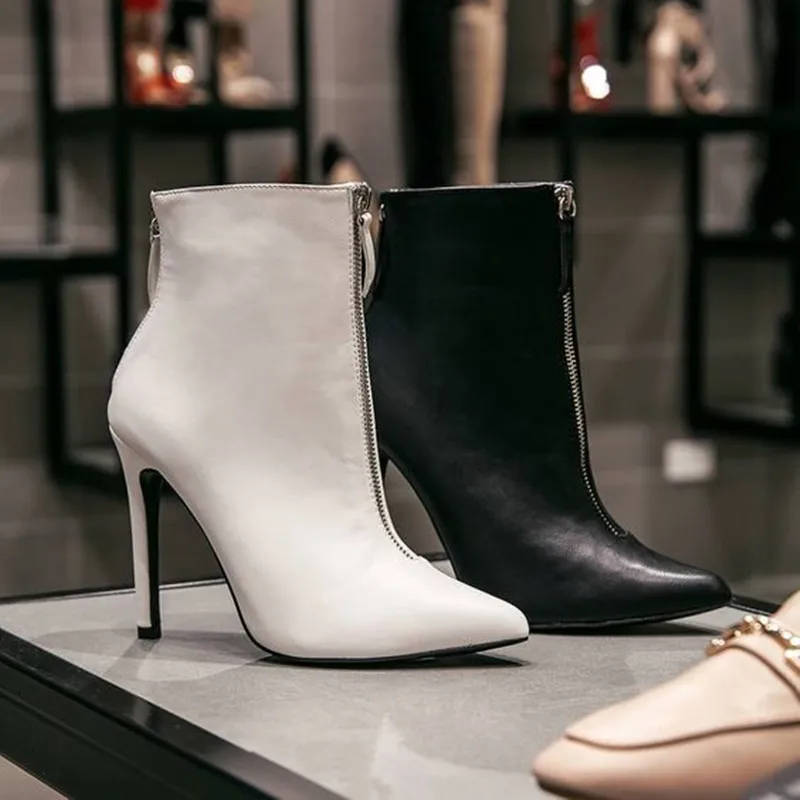 

Женские ботинки на молнии спереди, 2020, женские элегантные профессиональные ботильоны с острым носком, женские кожаные ботинки на высоком ка...