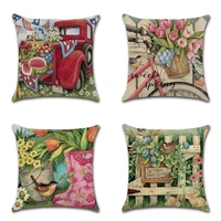 spring red car bicycle flowers printing pillow case custom home decoration linen pillowcase car waist cushion cover